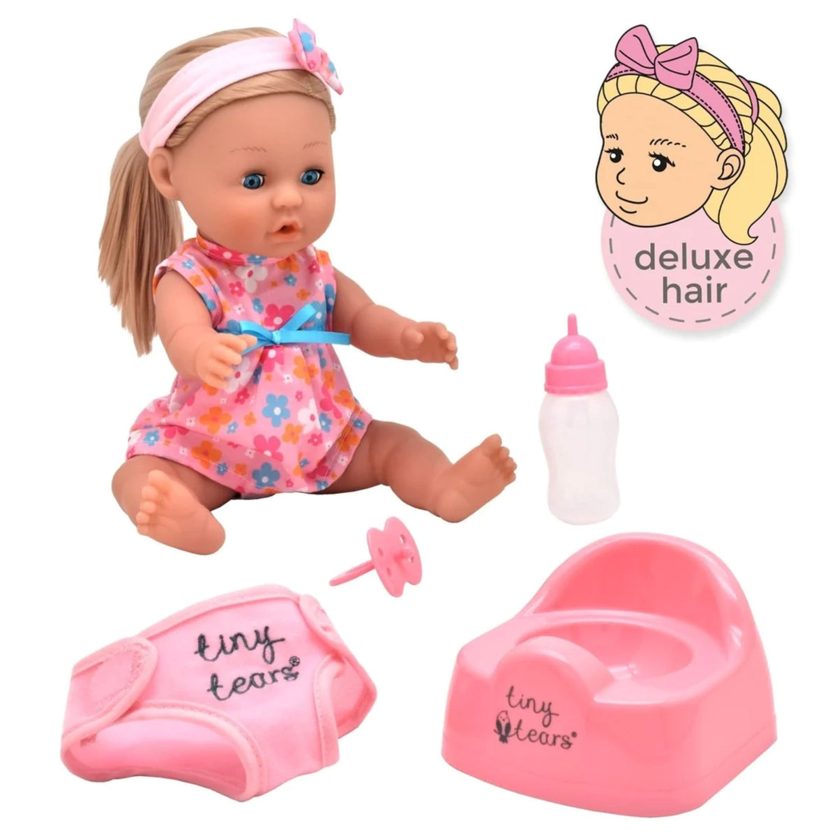 Tiny Tears 15" (38cm) Classic Crying and Wetting Doll Pink Dress - White