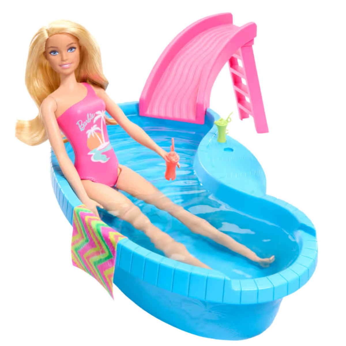 Barbie Doll and Pool Playset with Pool, Slide, Towel and Drink Accessories