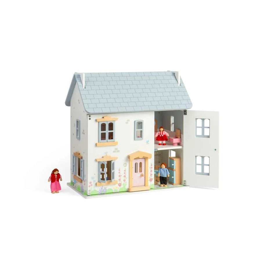 Bigjigs Bundle: Summer Cottage Wooden Doll's House with Furniture & Doll Family