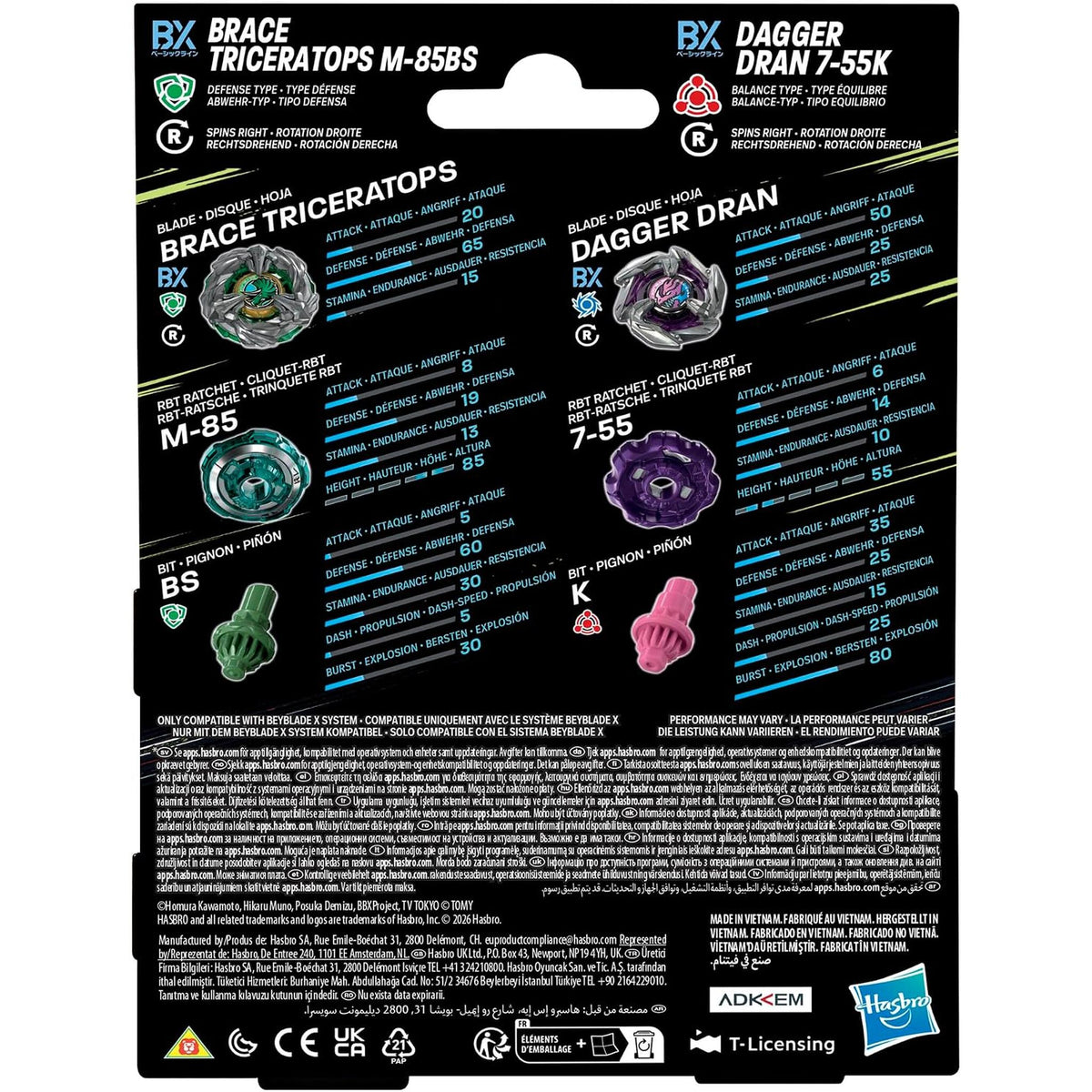 Beyblade x Dual Pack: Brace Triceratops M-85BS & Dagger Dran 7-55K