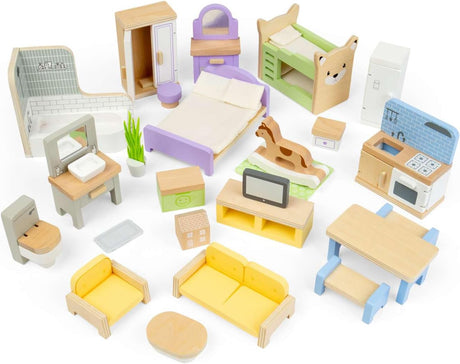 Bigjigs Bundle: Summer Cottage Wooden Doll's House with Furniture & Doll Family