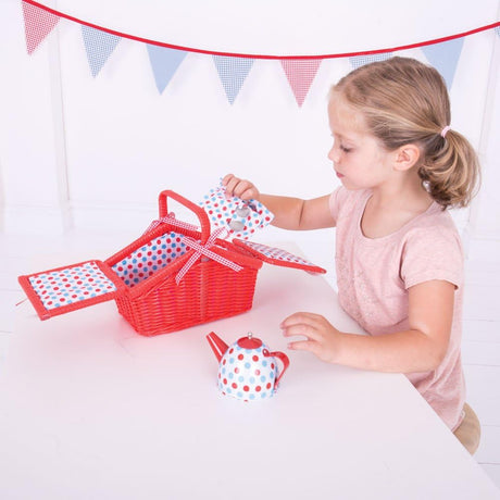 Bigjigs Spotted Tea Set in Wicker Basket
