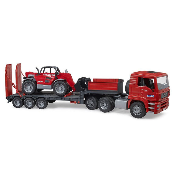 Bruder MAN TGA truck with low loader trailer and Manitou telehandler