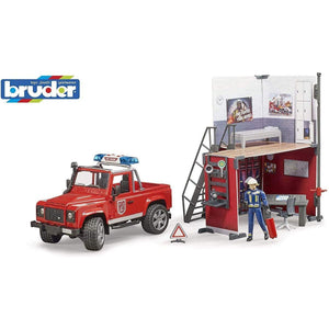 Bruder bworld Land Defender with Fire Station 1:16 Scale - McGreevy's Toys Direct