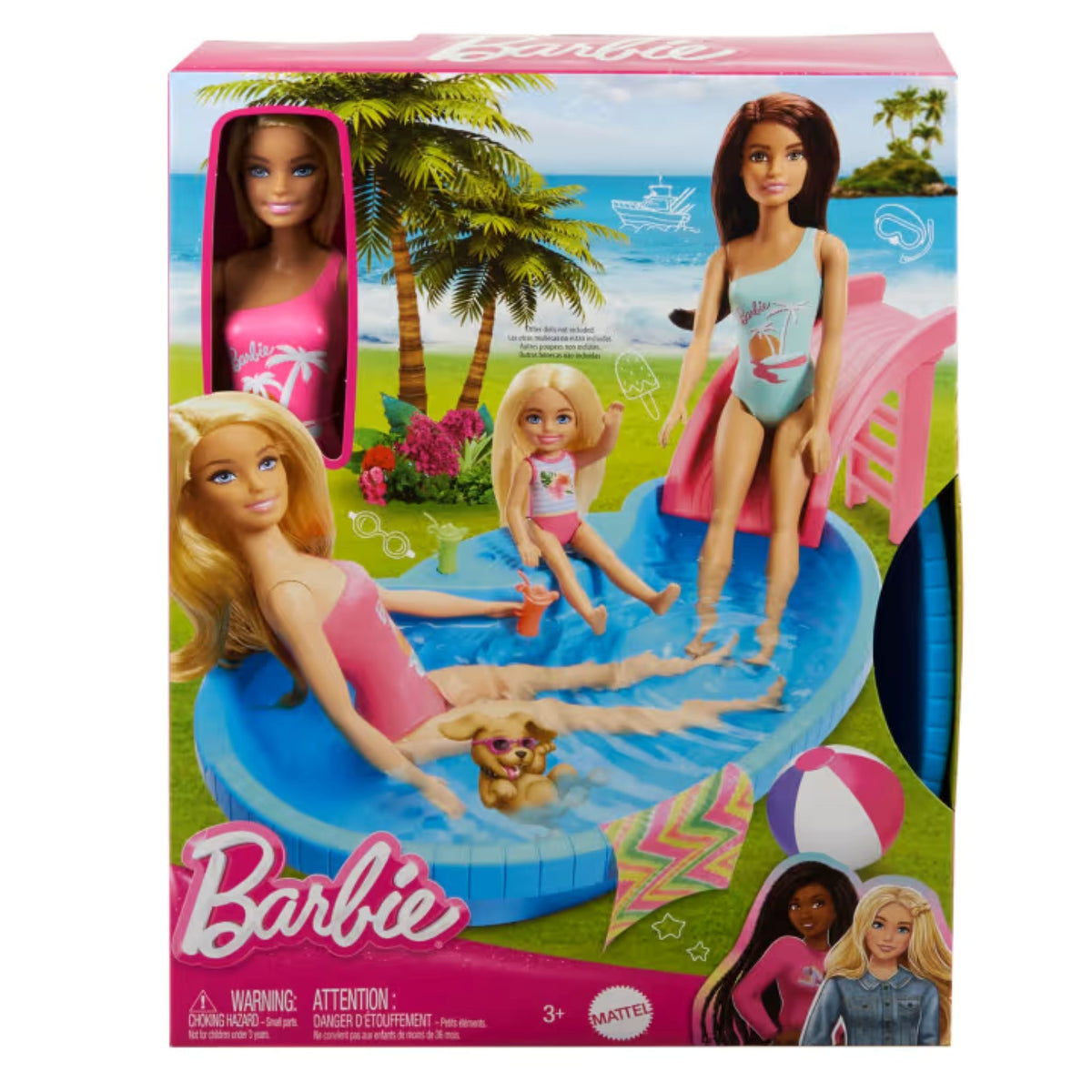 Barbie Doll and Pool Playset with Pool, Slide, Towel and Drink Accessories
