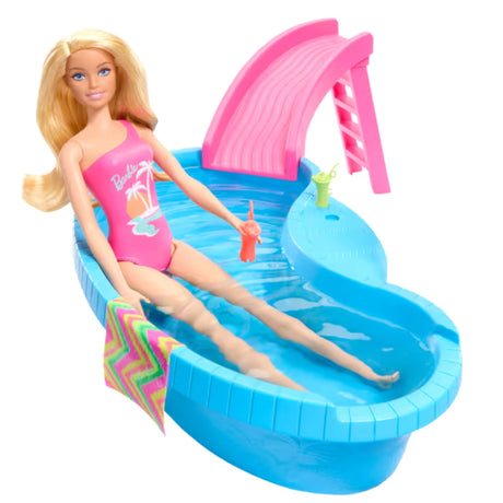 Barbie Doll and Pool Playset with Pool, Slide, Towel and Drink Accessories