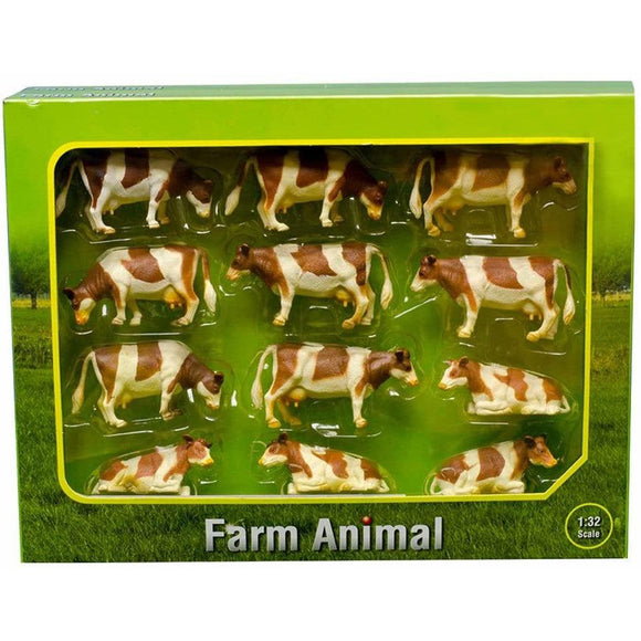 KIDS GLOBE 12 PACK LYING AND STANDING COWS 1:32 Brown / White - McGreevy's Toys Direct