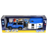 BRUDER 2588 Police Land Rover Defender with Horse Trailer, Horse and Policeman includes lights & Sounds - McGreevy's Toys Direct